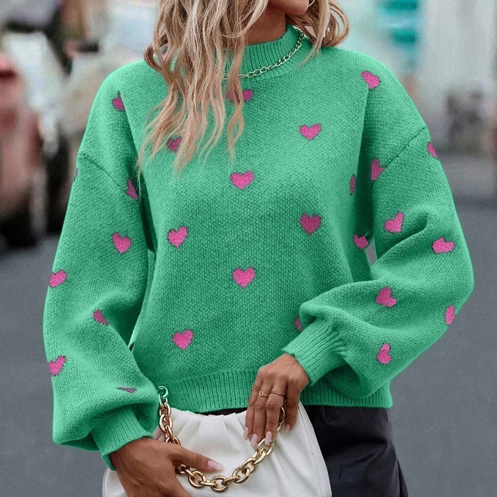 Green Casual Womens Heart Pattern Mock Neck Drop Shoulder Sweater - Picture 4 of 5